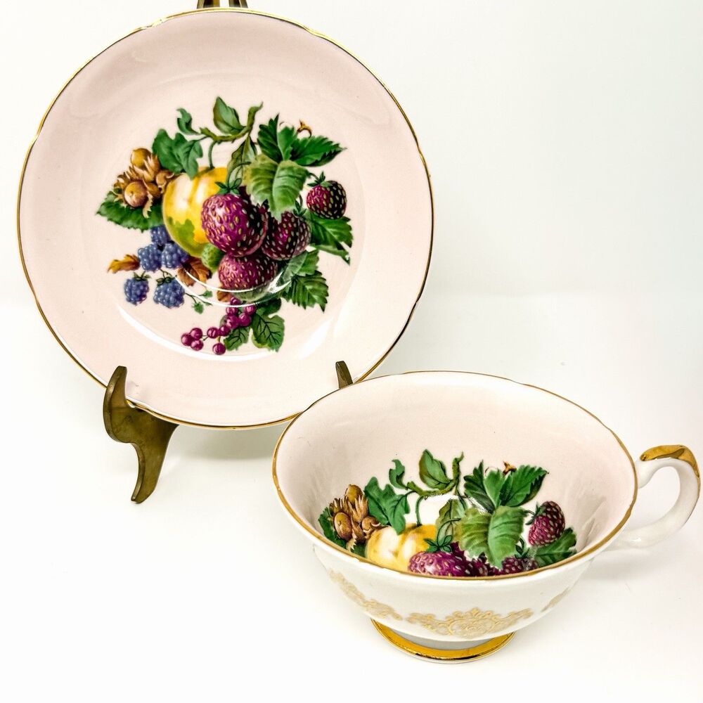 Vintage Royal Grafton Strawberry Fruit Pink Teacup Saucer, Bone China, England